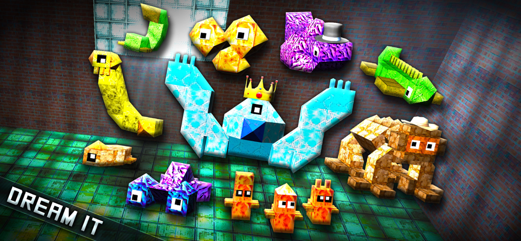 A variety of colorful custom-built voxel monsters in MonsterCrafter Pro