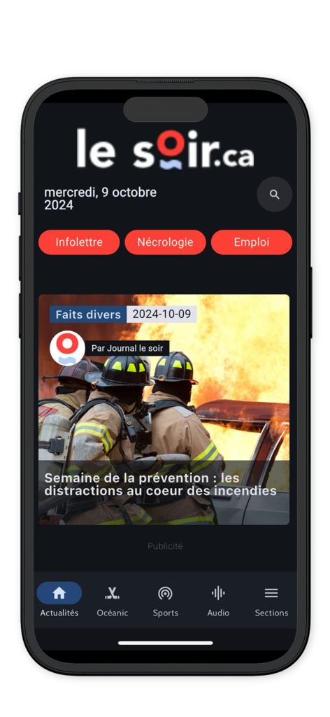 Le Soir - Application mobile Le Soir affichant les nouvelles locales de Rimouski.