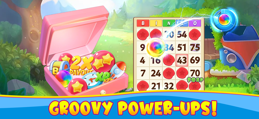 Bravo Bingo-Lucky Bingo Game - Bravo Bingo game screen showing a treasure chest of rewards and a bingo card with the text groovy power ups