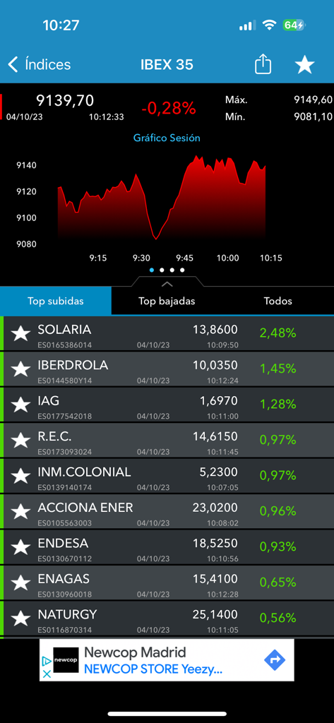Aplicativo BolsaRadar mostrando o gráfico do índice IBEX 35 e a lista de ações em alta