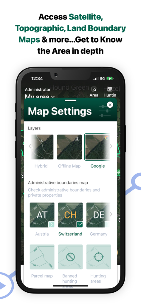 MyHunt app interface showing map settings with satellite topographic and land boundary layers