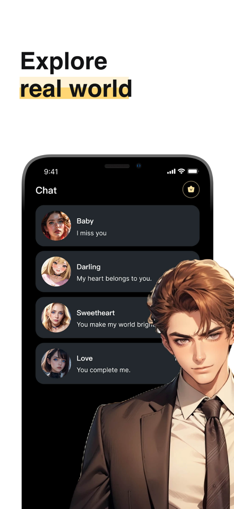 Talk.AI - Personalized AI Chat - Talk.AI chat interface showing different AI characters and an anime-style companion