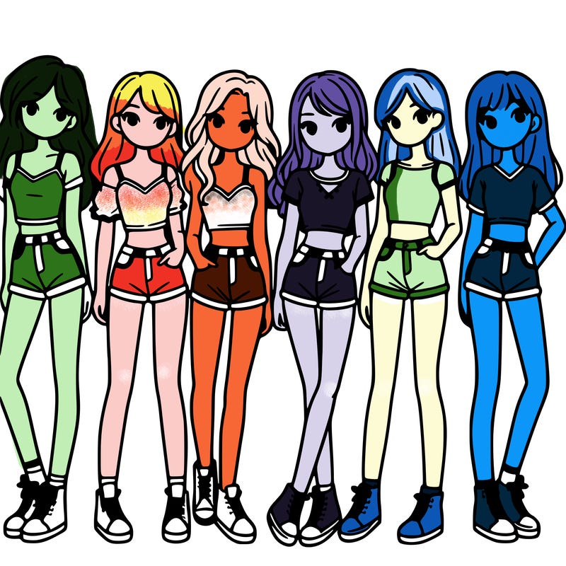 a group of girls wearing crop tops and shorts