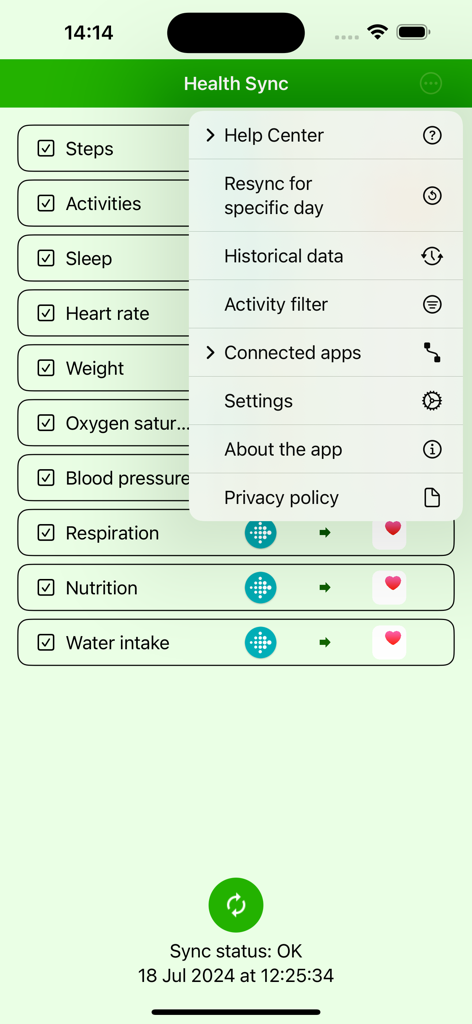 Health Sync by appyhapps - Health Sync app interface showing the settings menu and synced health data categories from Fitbit to Apple Health