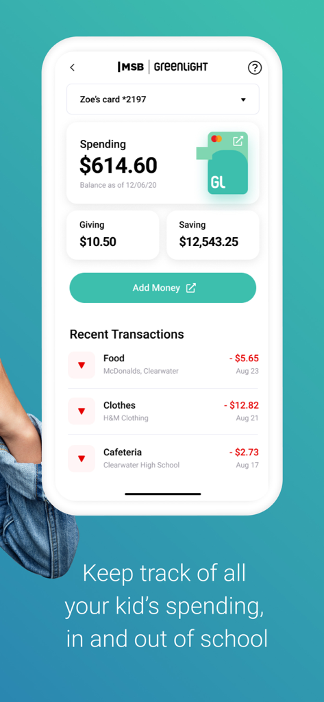 Dashboard dell'app MSB Parent che mostra le spese, i risparmi e la cronologia delle transazioni di un bambino