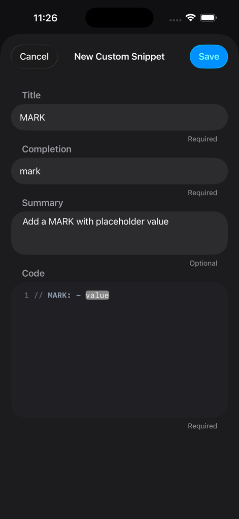 Swifty Compiler: Swift IDE - Screen for creating a new custom code snippet in the Swifty Compiler Swift IDE app