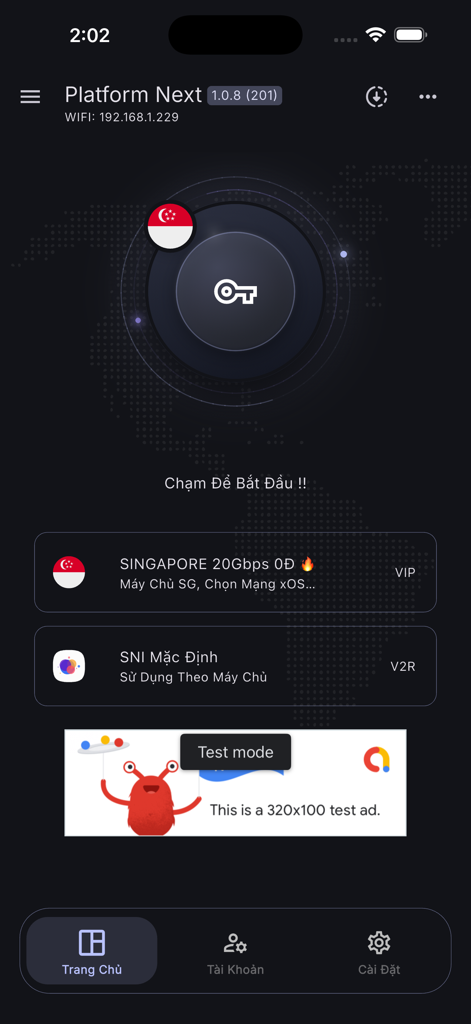 Platform Next - Unlimited VPN - Interface of the Platform Next VPN app showing the main connection screen with Singapore server selection