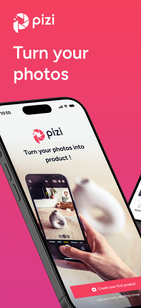 Pizi - Pizi app on a smartphone showing how to turn a photo of a vase into a professional ecommerce product page.