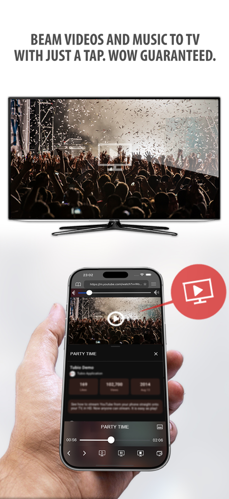 Tubio - Cast Web Videos to TV - Uma mão segurando um iPhone usando o aplicativo Tubio para transmitir um vídeo sem fio para uma grande smart TV