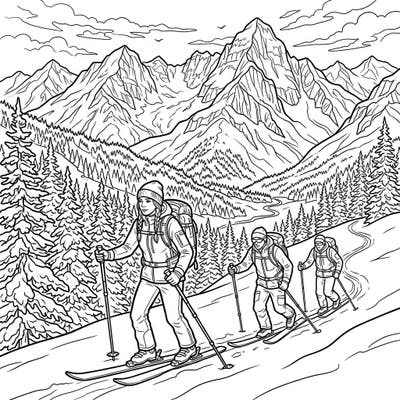 Dive into the thrill of the mountains with this captivating coloring page featuring three adventurous backcountry skiers. Perfect for those who love winter sports and breathtaking snowy landscapes.