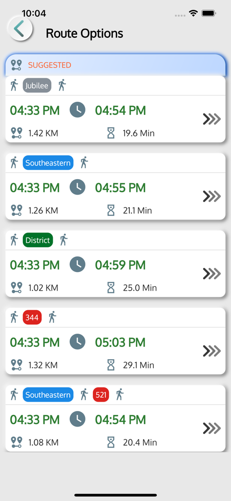 London transport app screen displaying multiple route options with travel times and transit modes
