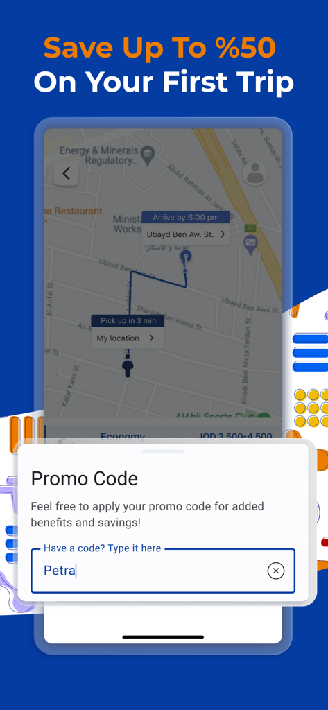 Petra Ride - Petra Ride mobile app interface showing a 50 percent discount offer for the first trip and a promo code input box.