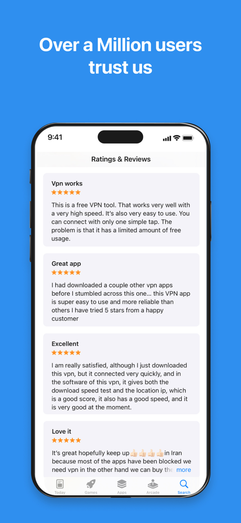 iPhone screen displaying multiple five star ratings and positive user testimonials for the secure VPN proxy app