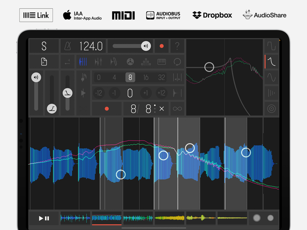 Interface do aplicativo Samplr no iPad mostrando manipulação de forma de onda de áudio com controles multi-toque e ferramentas de música profissionais