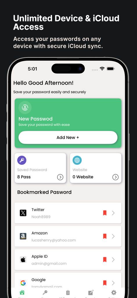 KeePass - Password Manager - KeePass Password Manager dashboard on iPhone showing bookmarked passwords and iCloud sync feature