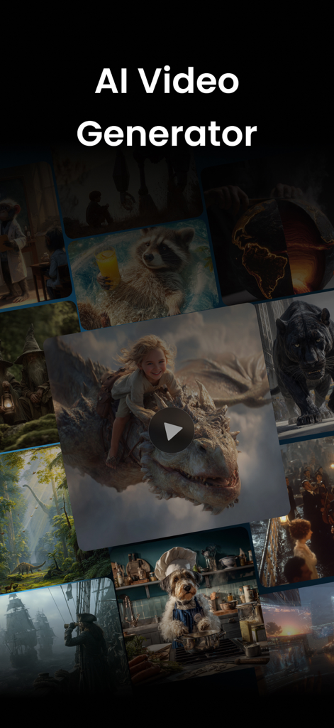 AI Video Generator app home screen showing a collage of cinematic AI generated video clips