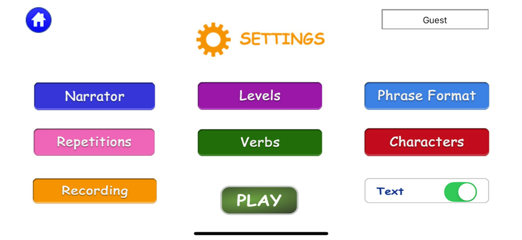 First Phrases HD - Settings menu of the First Phrases HD app showing customization buttons for narrator, levels, phrase format, and recording options.