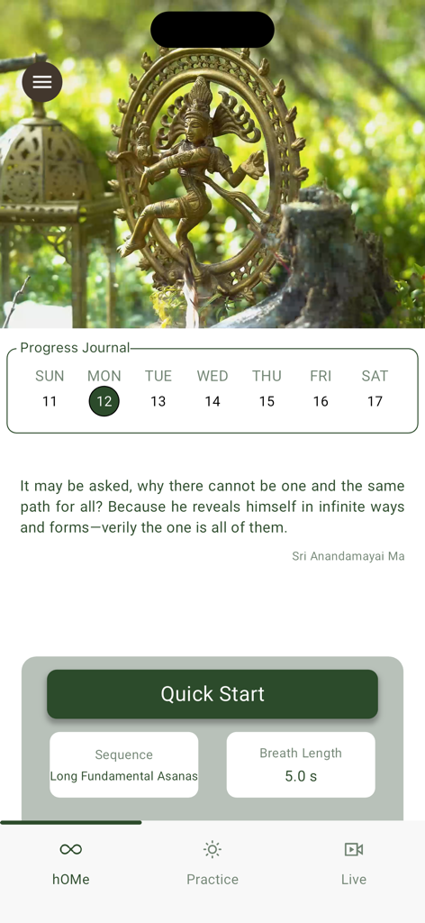 Ashtanga Yoga Home - Ashtanga Yoga Home app dashboard featuring a progress journal, spiritual quote, and quick start practice settings.