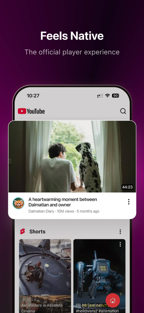 Smartphone screen showing Tube PiP app with a native-like YouTube player experience and video feed