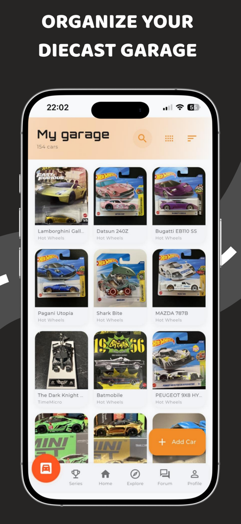 Screenshot of the Diecast Hub app showing a organized digital garage of model car collections including Hot Wheels and Mini GT