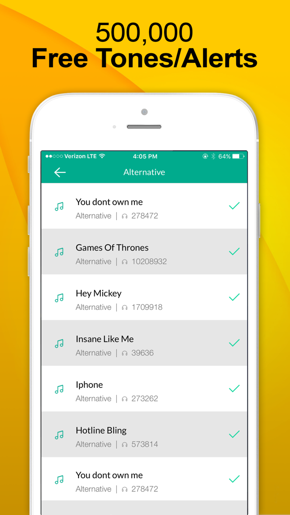 Ringtones - Unlimited Ringtones Maker - A screenshot of the Ringtones Maker app displaying a list of popular song titles available as free mobile alerts