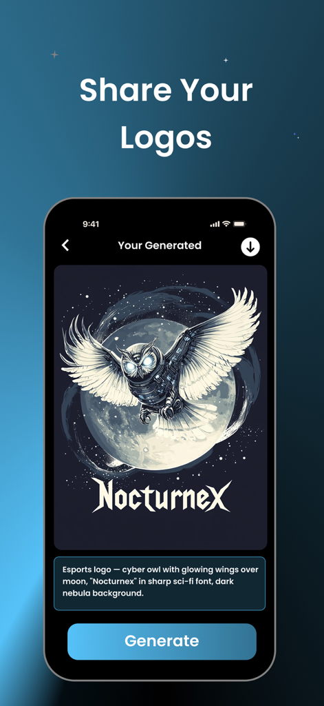 AI Logo Generator ⋅ Logo Maker - Interfaz móvil de un generador de logos con IA que muestra un logo de búho cibernético para esports para una marca de gaming