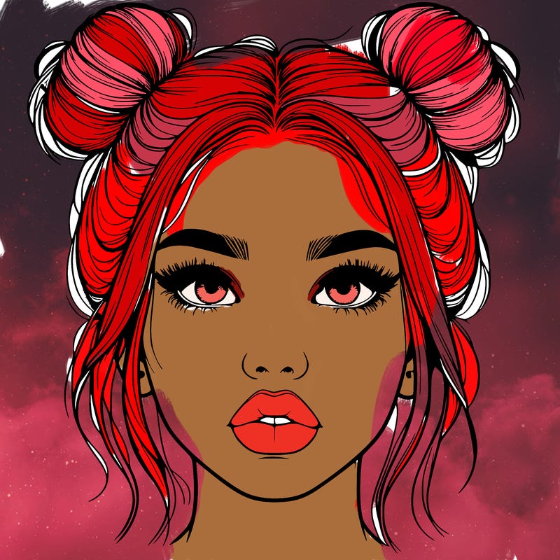 realistic girl with two buns on her hair and lips