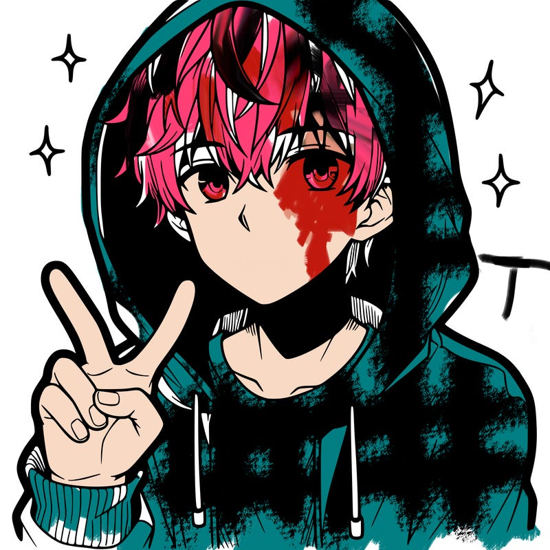 teenage manga boy in a hoodie, doing ✌