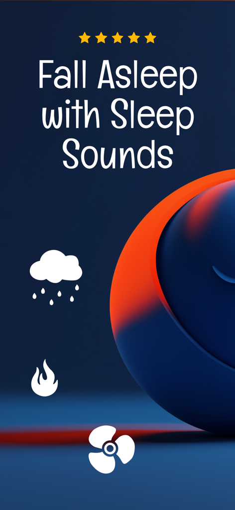 Schermata introduttiva dell'app Sleep Sounds che mostra cinque stelle e icone per suoni di pioggia, fuoco e ventilatore