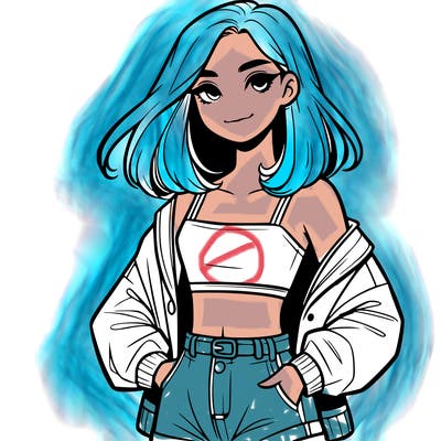 a realistic girl with a crop top and short shorts in an open jacket