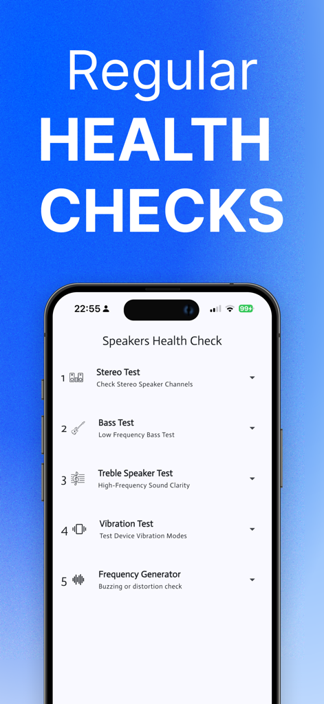 Clear Wave: Water Eject Tone - iPhone interface showing the Speakers Health Check menu with audio diagnostic tools like Stereo, Bass, and Treble tests