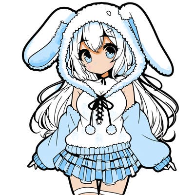 pretty anime girl wearing a fluffy hoodie with bunny ears on the hood and a skirt
