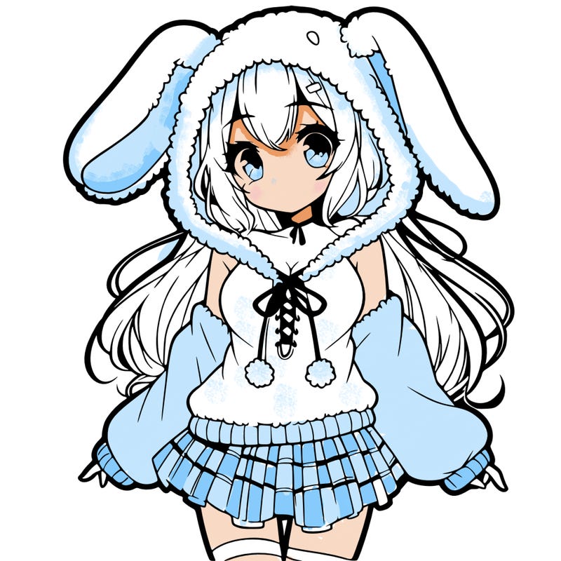 pretty anime girl wearing a fluffy hoodie with bunny ears on the hood and a skirt