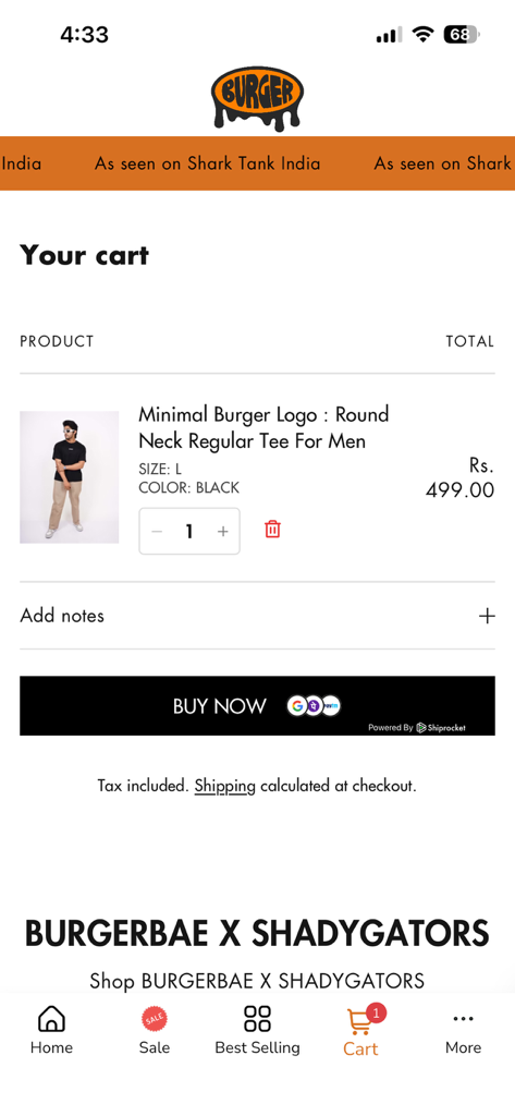 Burger Bae - Burger Bae app shopping cart screen displaying a black t-shirt and a buy now button