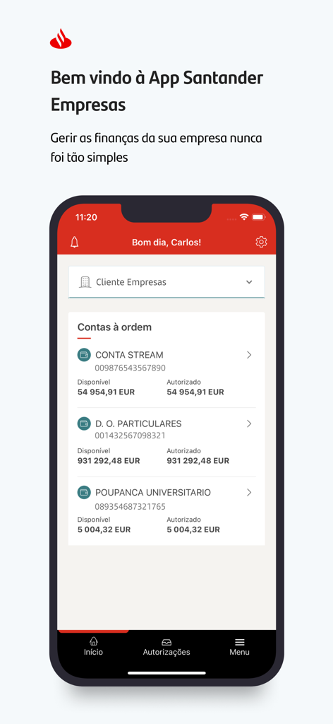 Santander Empresas Portugal - Santander Empresas Portugal mobile app dashboard displaying business bank account balances