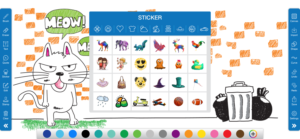 Doodle • Art - Interfaccia di disegno digitale dell'app Doodle Art che mostra uno schizzo di gatto e un menu di selezione adesivi aperto