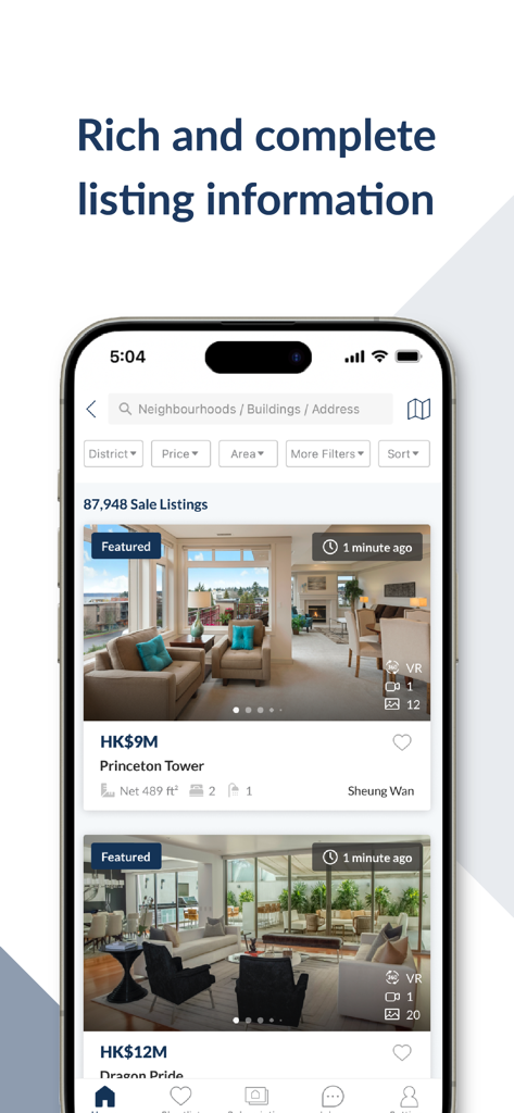 千居Spacious Rent & Buy Property - Pantalla de la aplicación móvil Spacious que muestra listados detallados de propiedades en venta en Hong Kong con información de precio y tamaño