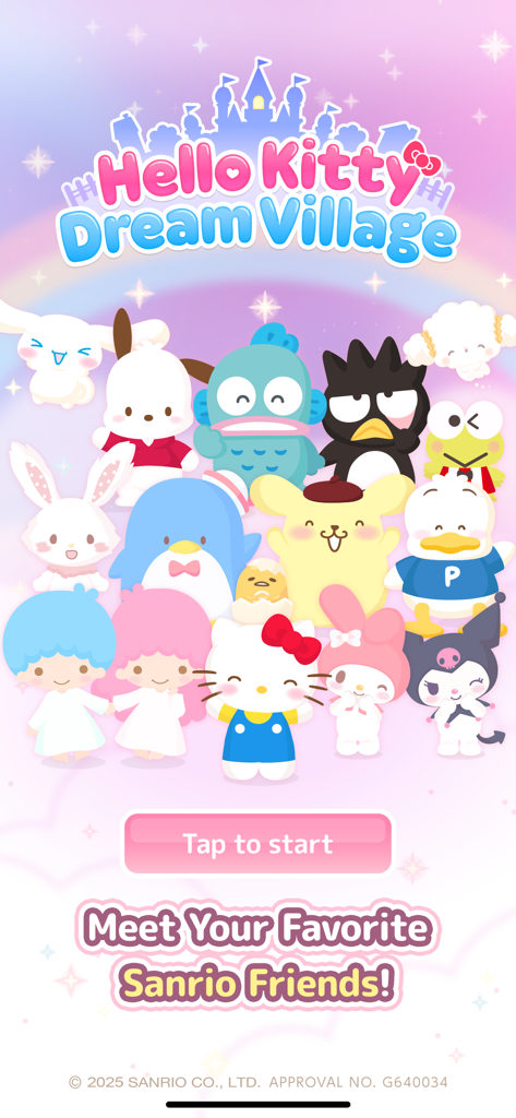 Hello Kitty Dream Village - Écran de démarrage de l'application Hello Kitty Dream Village avec un groupe de personnages Sanrio sur un fond pastel.