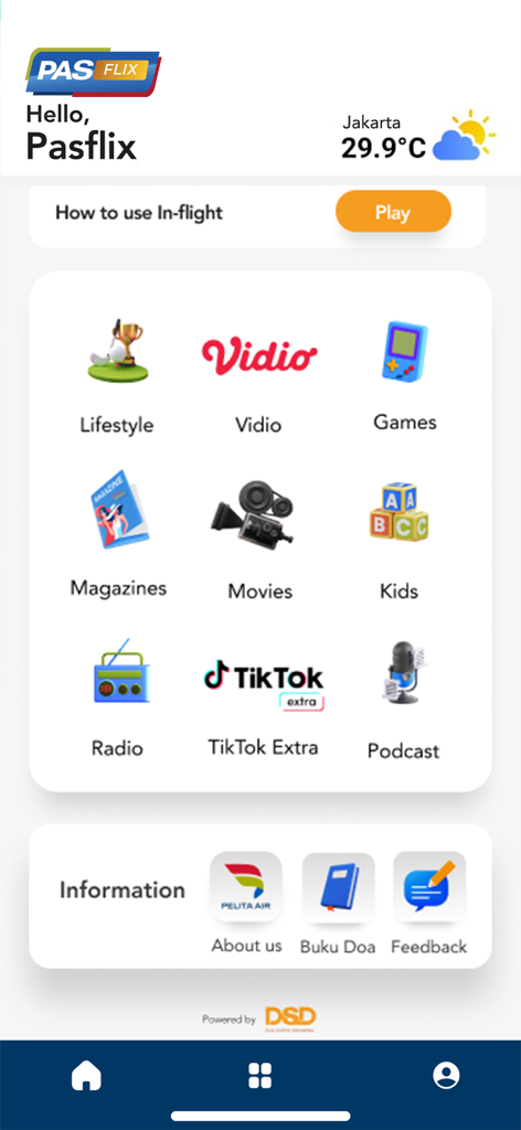 PASFLIX app home screen displaying entertainment categories like movies games and podcasts for travelers
