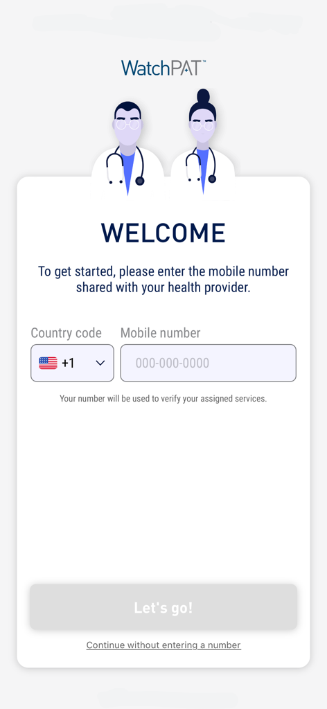 WatchPAT app welcome screen asking for a mobile number to get started with sleep diagnosis