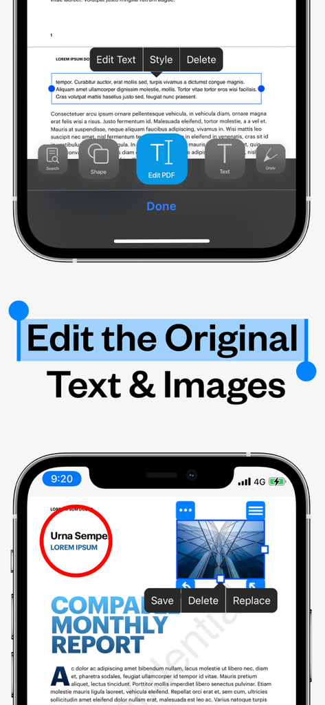 PDF Office Pro, Acrobat Expert - Mobile Benutzeroberfläche von PDF Office Pro mit Werkzeugen zum Bearbeiten von Originaltext und Bildern in einem PDF-Dokument.