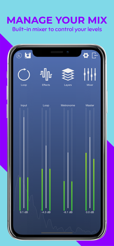 One Loop app interface showing the built-in mixer with audio level controls for input and loops