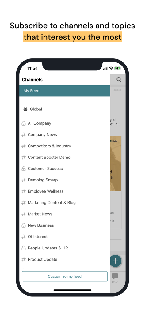Haiilo Amplify - Interface of the Haiilo Amplify app showing a list of company channels and topics to customize the user feed