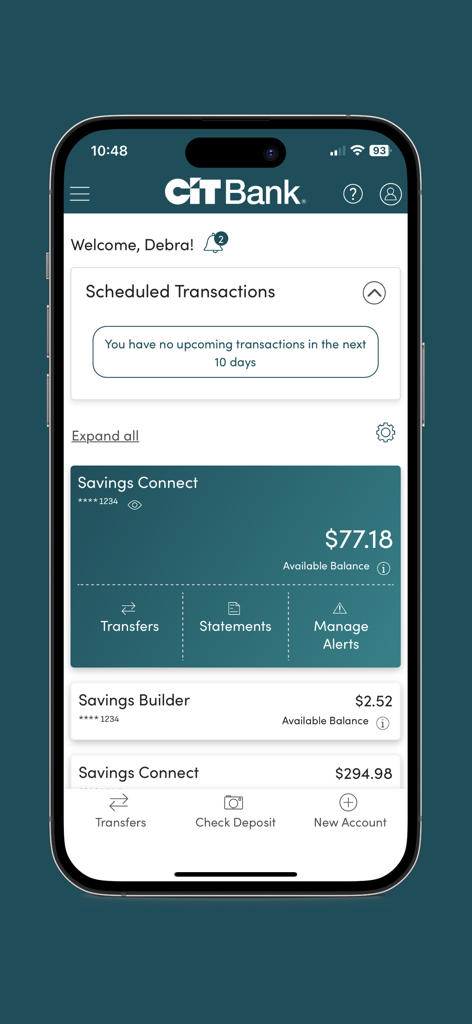 CIT Bank mobile app dashboard showing savings account balances and scheduled transactions
