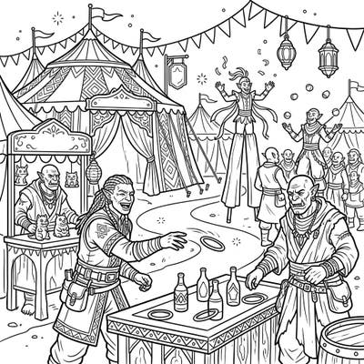 Step right up to a fantasy spectacle! This exciting coloring page depicts skilled Desert Orcs reveling in the high-energy fun of a bustling carnival, complete with games and dynamic performers.