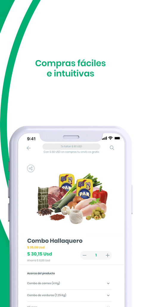 Coco Mercado - Coco Mercado app interface showing a food combo for delivery to family in Venezuela