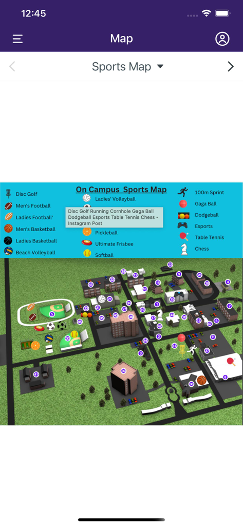 TNT @ TNU - トレベッカ・ナザリーン大学のキャンパスマップ。フットボールやバレーボールなどのスポーツイベントの会場が強調表示されています。
