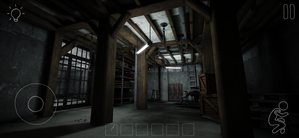 911: Prey (Horror Escape Game) - Un sótano oscuro con pilares de madera y cadenas colgando en el juego de terror 911 Prey