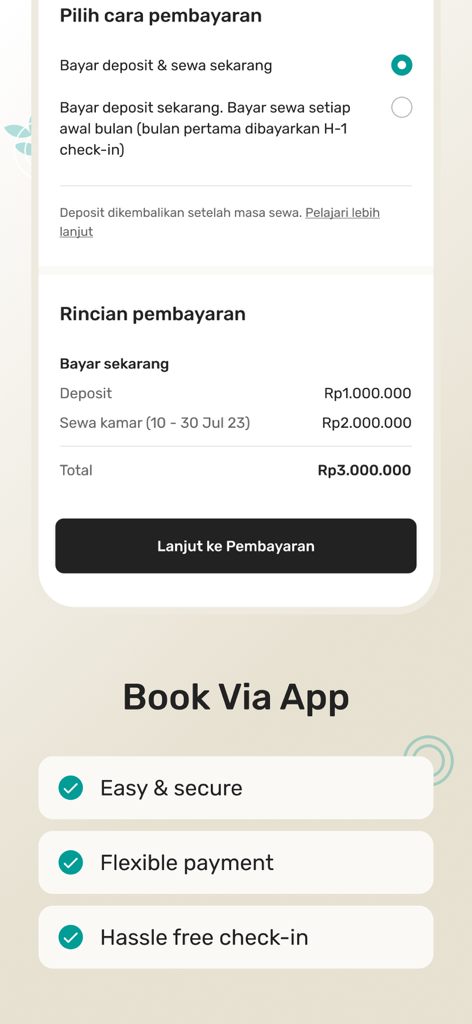 Pantalla móvil que muestra el proceso de reserva de habitaciones en la aplicación Rukita con detalles de pago y beneficios de conveniencia