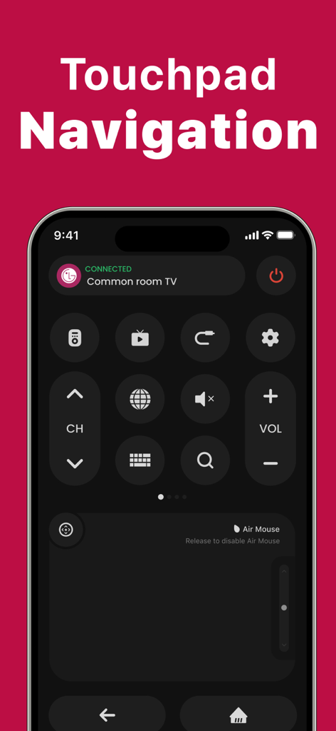 Remote for LG - Interfaccia dell'app telecomando LG che mostra la navigazione touchpad e le funzioni di controllo air mouse su uno schermo di smartphone